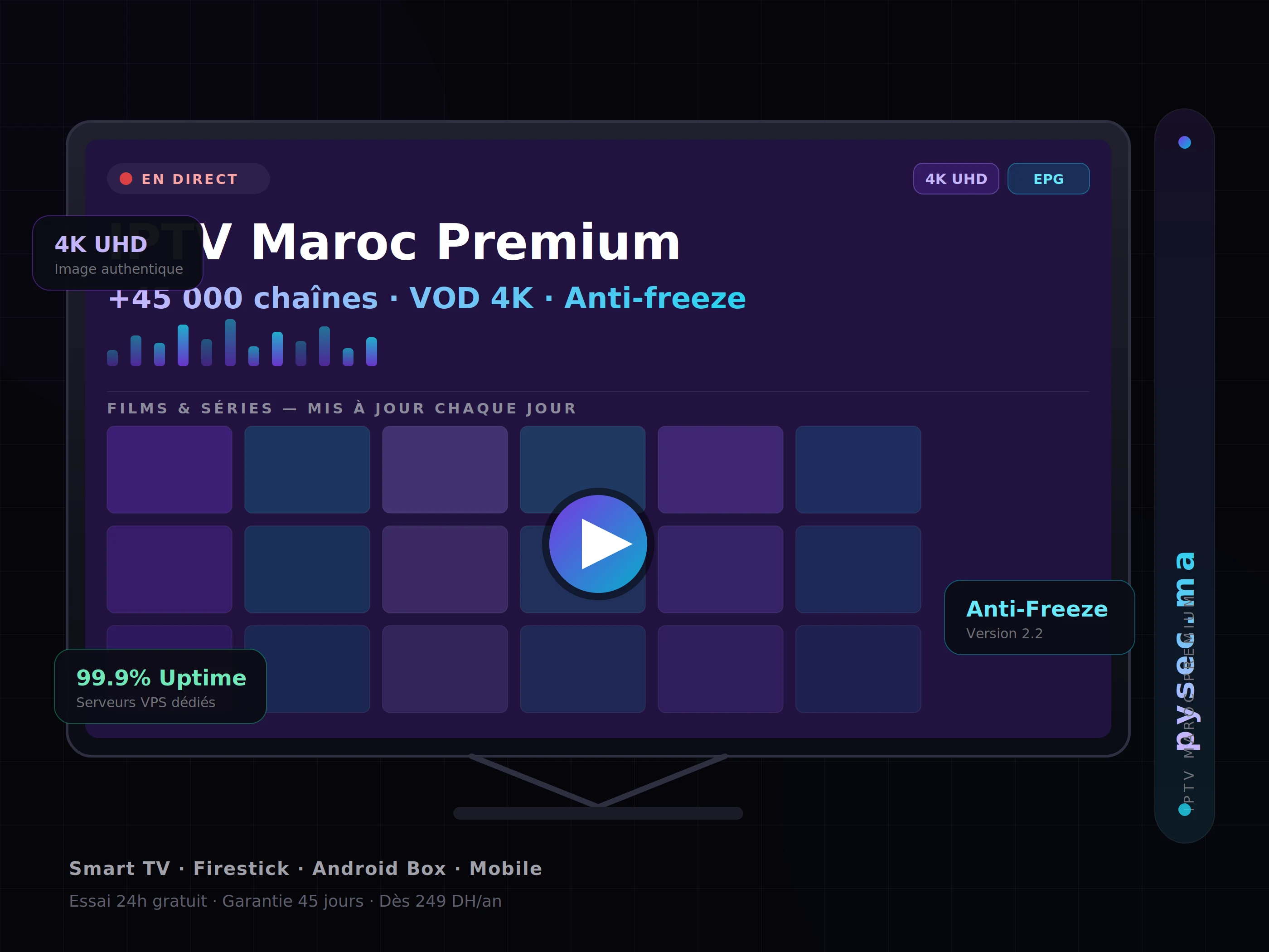 IPTV Maroc Premium — écran 4K UHD avec +45 000 chaînes, VOD et Anti-freeze · pysec.ma